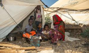 A family from Eritrea sit outside their shelter at a refugee site in the Amhara region of Ethiopia.