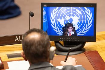 Caroline Ziadeh (on screen), Special Representative of the Secretary-General and Head of the UN Interim Administration Mission in Kosovo, briefs the Security Council meeting on a discussion of developments in Kosovo.