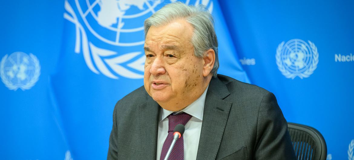 Secretary-General António Guterres speaks at the press conference at the UN Headquarters, in New York.