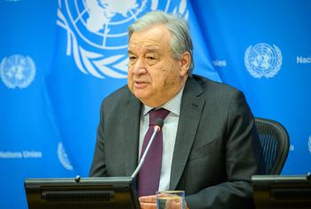 Le Secrétaire général António Guterres s'exprime lors de la conférence de presse au siège de l'ONU, à New York.
