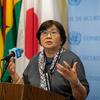 Roza Otunbayeva, Special Representative of the Secretary-General and Head of the UN Assistance Mission in Afghanistan, briefs reporters after the Security Council meeting on the situation in the country.