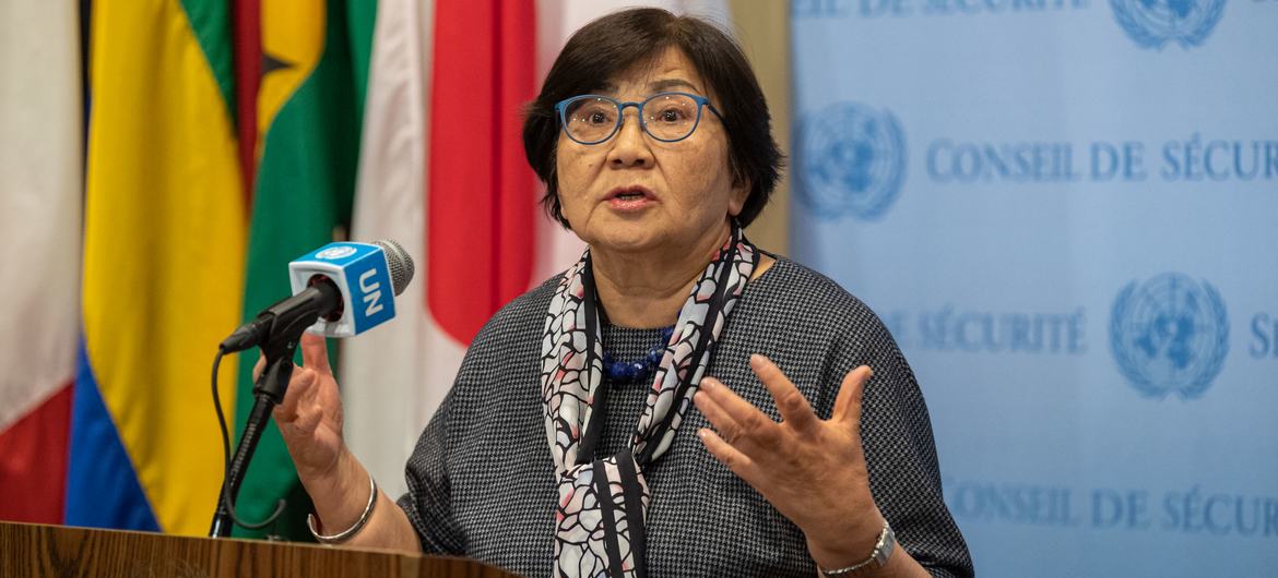 Roza Otunbayeva, Special Representative of the Secretary-General and Head of the UN Assistance Mission in Afghanistan, briefs reporters after the Security Council meeting on the situation in the country.