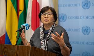 Roza Otunbayeva, Special Representative of the Secretary-General and Head of the UN Assistance Mission in Afghanistan, briefs reporters after the Security Council meeting on the situation in the country.