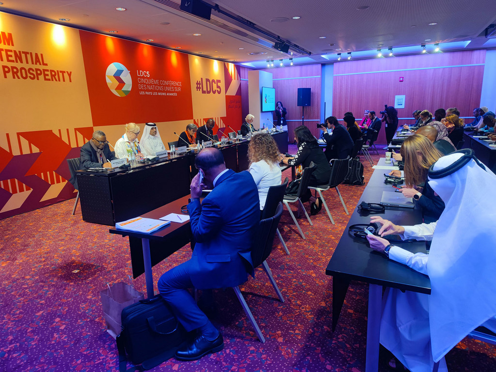 Rabab Fatima, UN High Representative for the Least Developed Countries, Landlocked Developing Countries and Small Island Developing States (centre) addresses a side event on online education, held during the LDC5 Conference in Doha, Qatar.