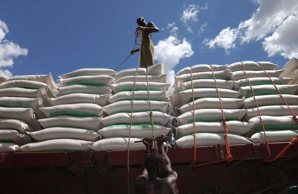Des ouvriers du port de Dar Es Salaam chargent des sacs de blé sur un camion, en Tanzanie.