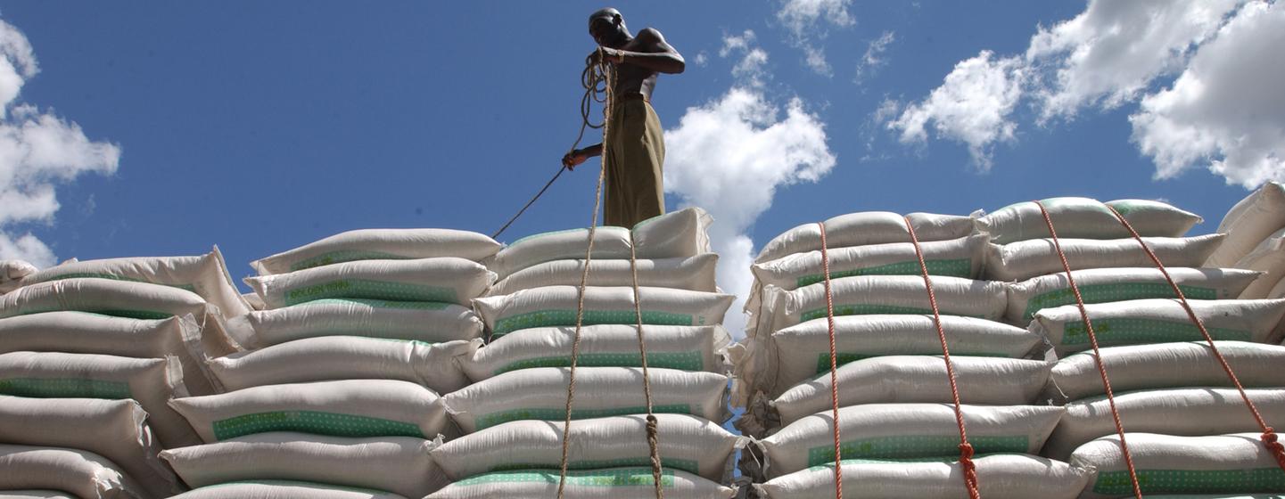 Des ouvriers du port de Dar Es Salaam chargent des sacs de blé sur un camion, en Tanzanie.