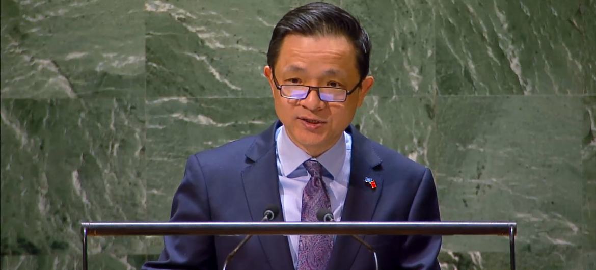 Ambassador and Deputy Permanent Representative Bing Dai of China, addresses the UN General Assembly plenary meeting on the use of the veto on the situation in the Middle East, including the Palestinian question.