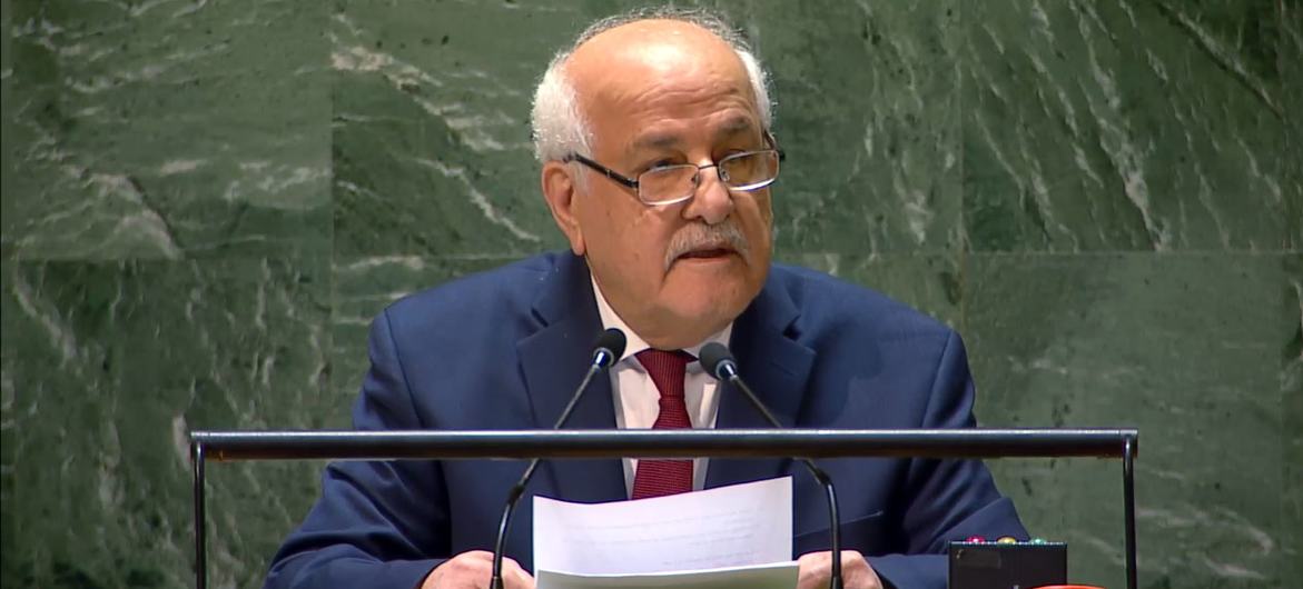 Riyad Mansour, Permanent Observer of the State of Palestine to the United Nations, addresses the UN General Assembly plenary meeting on the use of the veto on the situation in the Middle East, including the Palestinian question.