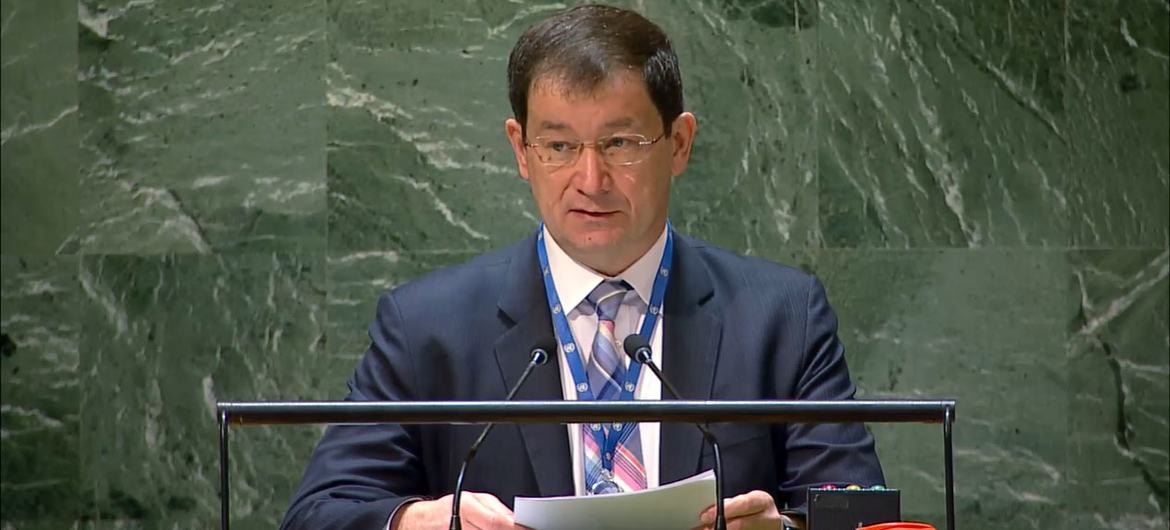 Dmitry A. Polyanskiy, First Deputy Permanent Representative of the Russian Federation, addresses the UN General Assembly plenary meeting on the use of the veto on the situation in the Middle East, including the Palestinian question.