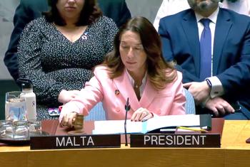 السفيرة فانيسا فرايزر، الممثلة الدائمة لمالطا لدى الأمم المتحدة ورئيسة مجلس الأمن لشهر نيسان/أبريل، تترأس جلسة مجلس الأمن.