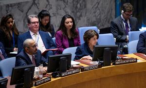 Rosemary DiCarlo (right), Under-Secretary-General for Political and Peacebuilding Affairs, briefs Security Council members on cooperation between the United Nations and the League of Arab States.