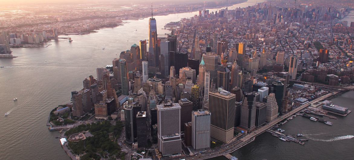 An aerial view of the downtown Financial District of New York City.