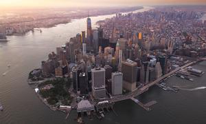 An aerial view of the downtown Financial District of New York City.