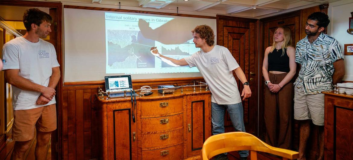 Lena Schaffeld (second from the right) is among students presenting their studies on board. Lena Schaffeld (second from the right) is among students presenting their studies on board.