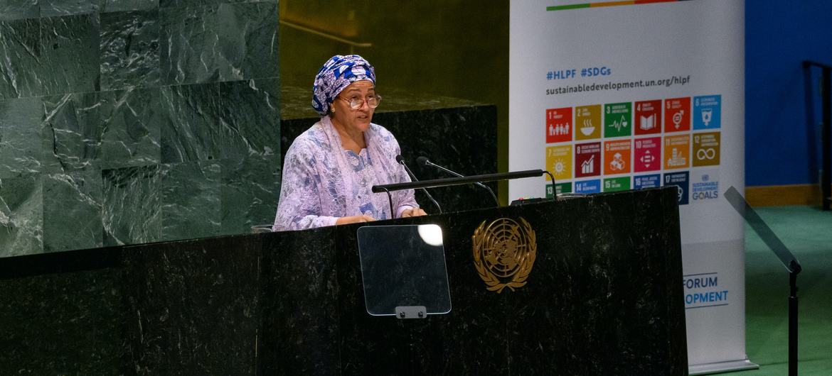 A Vice-secretária-geral da ONU, Amina Mohammed, discursa na abertura do Fórum Político de Alto Nível 2024