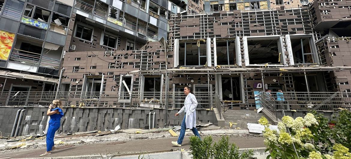 Damage caused by the morning missile attack in Ukraine’s capital, Kyiv, when a children’s hospital was hit. 