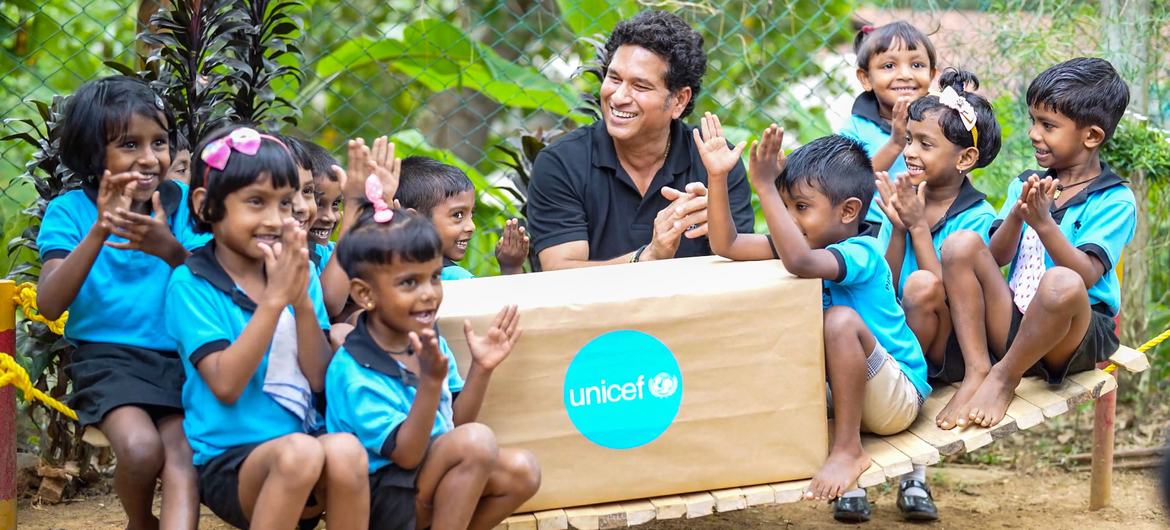 UNICEF Regional Goodwill Ambassador for South Asia, Sachin Tendulkar meets children on his visit to Sri Lanka in August 2023.