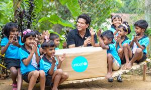 UNICEF Regional Goodwill Ambassador for South Asia, Sachin Tendulkar meets children on his visit to Sri Lanka in August 2023.