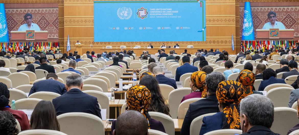 Rabab Fatima (on screen), Under Secretary-General and High Representative for the Least Developed Countries, Landlocked Developing Countries and Small Island Developing States, holds a wrap-up press conference at the Third UN Conference on the Landlocke…