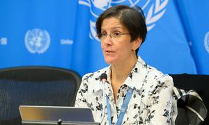 Reem Alsalem, Special Rapporteur on Violence against Women and Girls, briefs reporters at UN Headquarters.