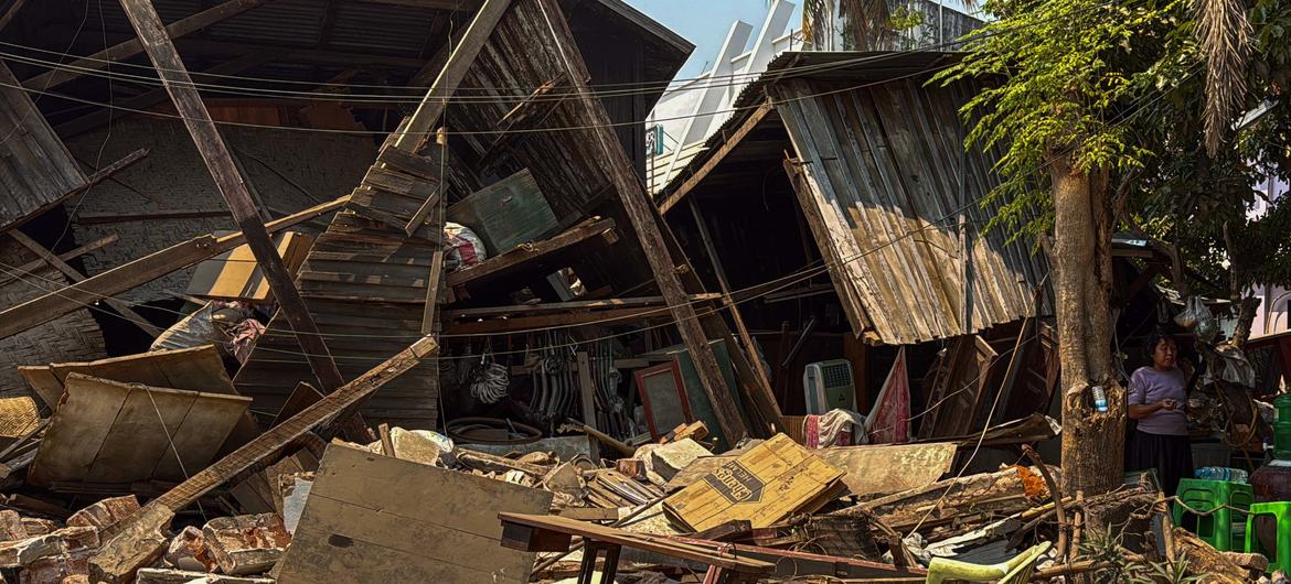 A collapsed building in Sagaing, central Myanmar, following the 7.7-magnitude earthquake that struck the region on 28 March. The region is also among the worst affected in the conflict between the military and opposition armed groups.