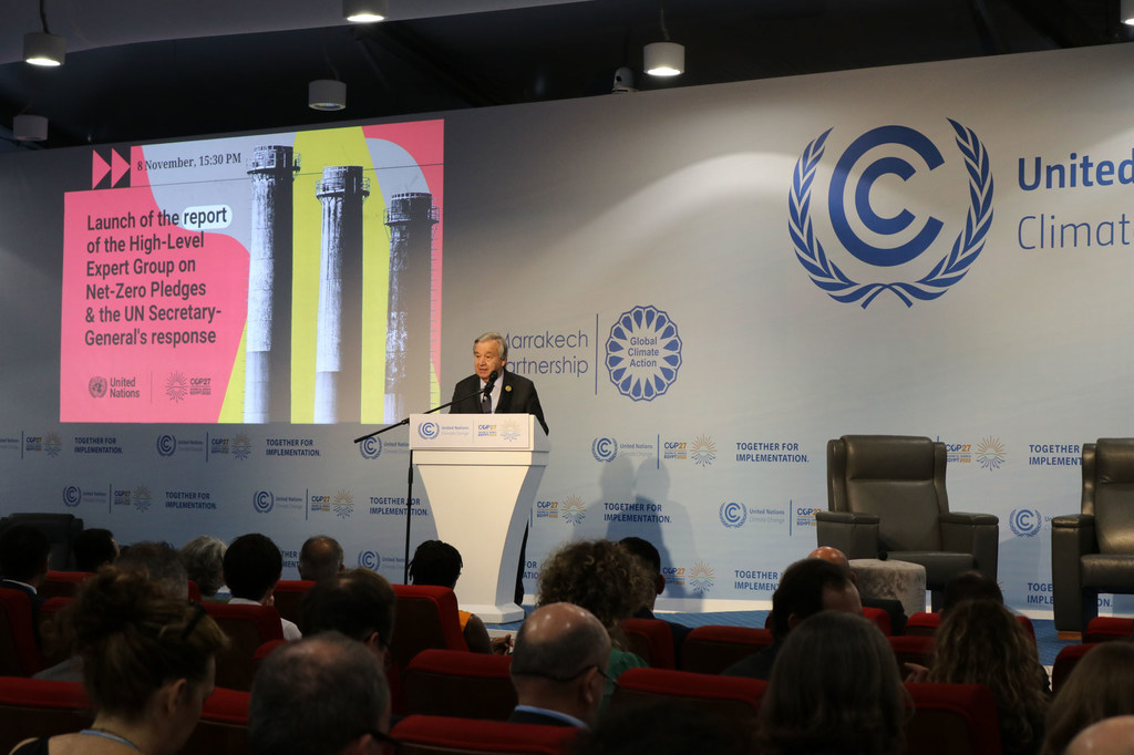 UN Secretary-General António Guterres delivers a speech at a podium during the launch of the High-Level Expert Group on Net-Zero Commitments at COP27 in Marrakech.