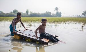 Children make their way home through contaminated floodwater in Jacobabad, Sindh province, Pakistan (file).