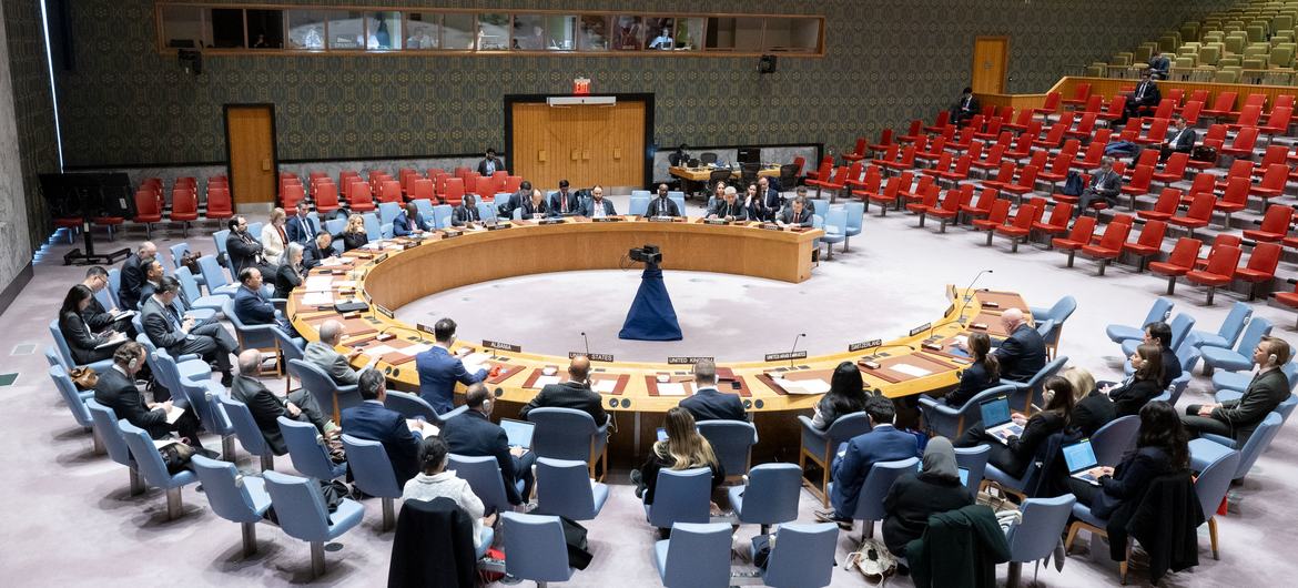 A wide view of the UN Security Council meeting.