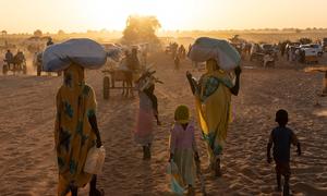 Sudanese refugees having fled brutal violence arrive in Adre on Sudan-Chad border.