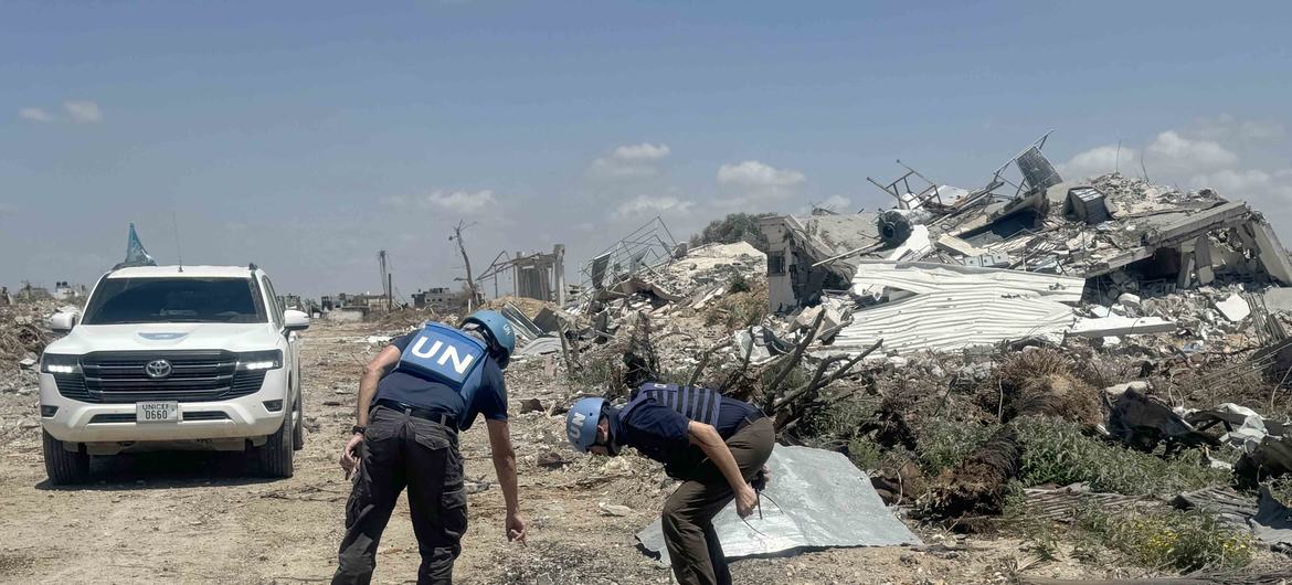 Des équipes de l'UNMAS effectuent le 13 juillet 2024 une mission de reconnaissance à Nuiserat, dans la bande de Gaza (Archives)