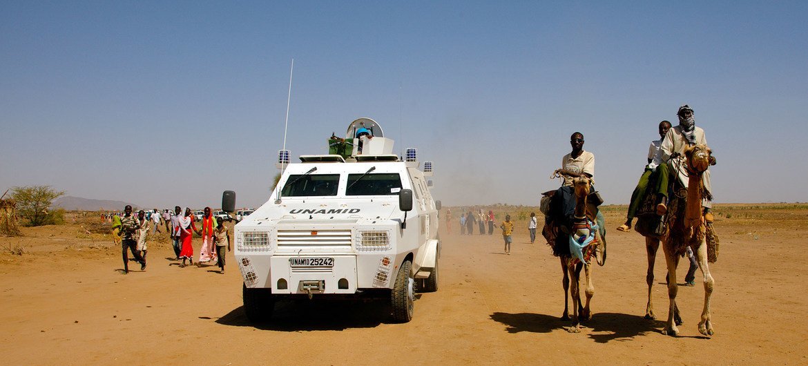 The African Union-United Nations Hybrid Operation in Darfur (UNAMID) patrols Shangil Tobaya in North Darfur, Sudan in 2020.
