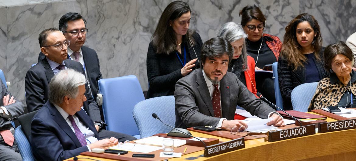 L'ambassadeur José de la Gasca de l'Équateur, président du Conseil de sécurité pour le mois de décembre, préside la réunion sur la situation au Moyen-Orient, y compris la question palestinienne.