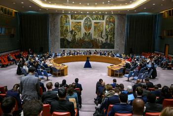 A wide view of the UN Security Council chambers as members meet on the situation in the Middle East, including the Palestinian question.