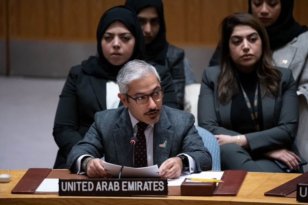 Ambassador Mohamed Issa Abushahab of the United Arab Emirates addresses the UN Security Council meeting on the situation in the Middle East, including the Palestinian question.