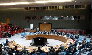 A wide view of the UN Security Council chamber as members hear a briefing from OSCE Chairperson-in-Office.
