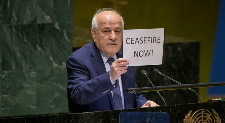 المراقب الدائم لفلسطين لدى الأمم المتحدة رياض منصور، يلقي كلمة أمام الجمعية العامة للأمم المتحدة.