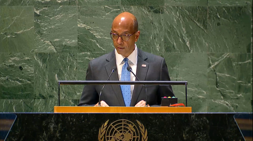 Deputy Permanent Representative Robert A. Wood of the United States addresses the UN General Assembly meeting on the situation in the Middle East, including the Palestinian question.