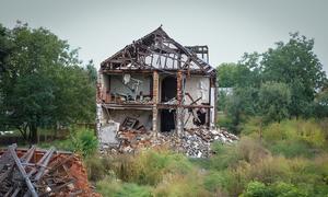 A house in Makariv, in Ukraine, destroyed as a result of war.  