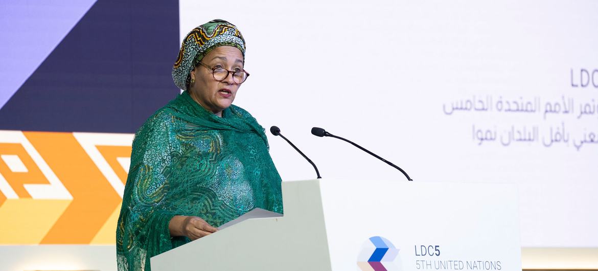 Vice-secretária-geral Amina Mohammed discursa no dia de encerramento da Quinta Conferência das Nações Unidas sobre os Países Menos Desenvolvidos (LDC5), em Doha, Catar.