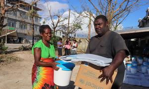 Emergency supplies are delivered to people at an evacuation centre in Shefa Province in Vanuatu after Tropical cyclones Kevin and Judy left a trail of destruction across the country.