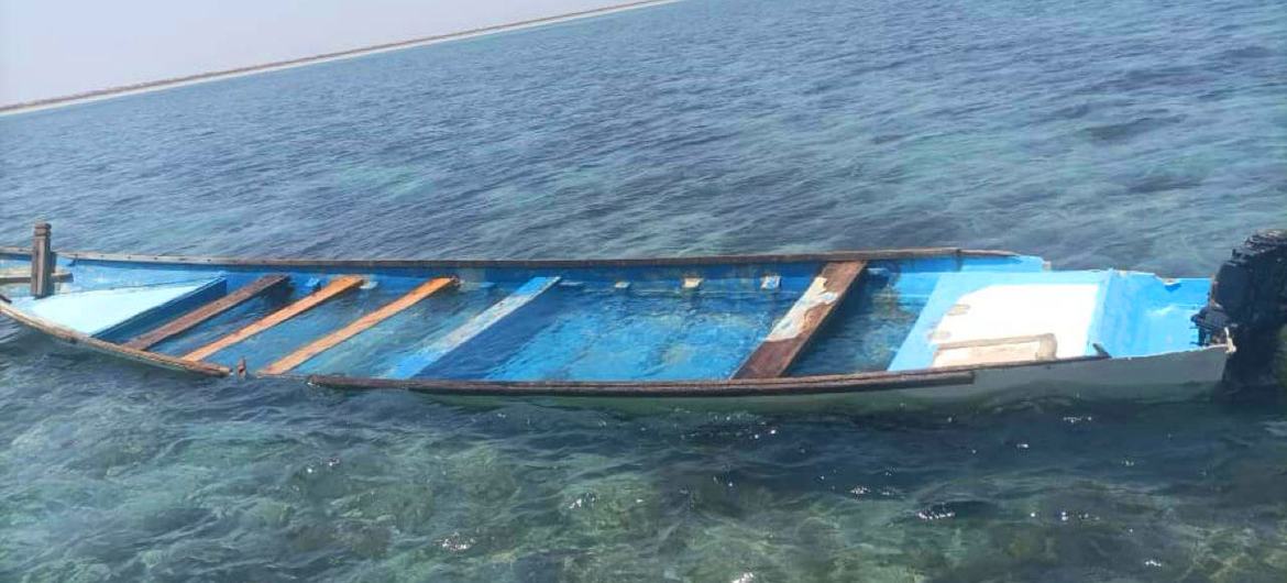 The ill-fated boat, off the Djibouti coast, near the coastal town of Obock, in northeastern Djibouti, which was packed with over 60 migrants before becoming shipwrecked. At least 38 migrants died.