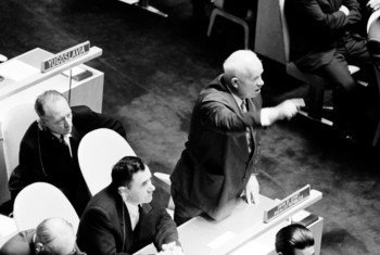 Nikita Khrushchev, Chairman of the Council of Ministers of the USSR, is seen rising to his feet during the address of UK Prime Minister Harold Macmillan during the UN General Assembly's general debate in 1960. (file)