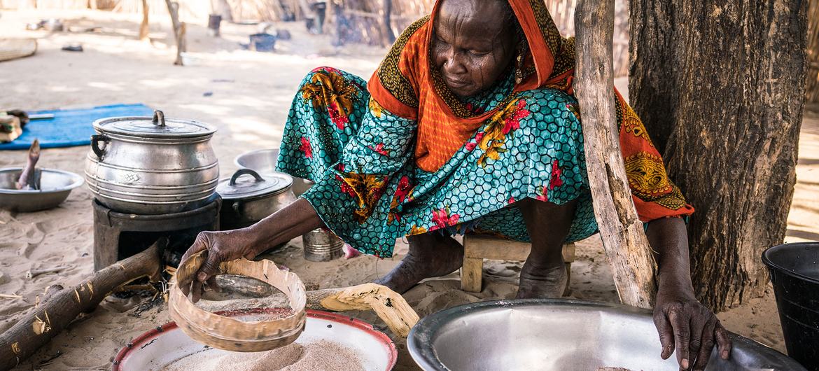 一名乍得农村妇女正蹲在地上准备做饭。