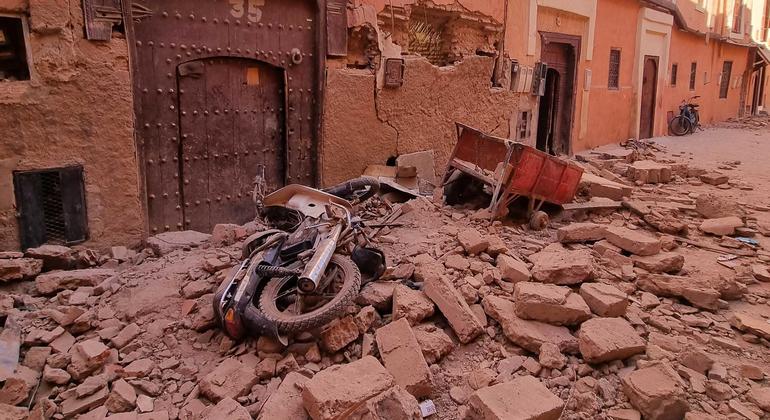 Rubble in the streets of old Marrakech after a devastating earthquake with an epicentre in the High Atlas mountains,  Morocco. 