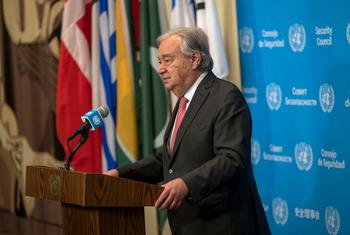 الأمين العام للأمم المتحدة أنطونيو غوتيريش يتحدث إلى الصحفيين في المقر الدائم للمنظمة في نيويورك