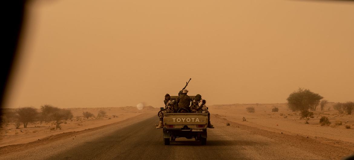 A Nigerien military convoy on a counter-terrorism patrol in the Sahara Desert.