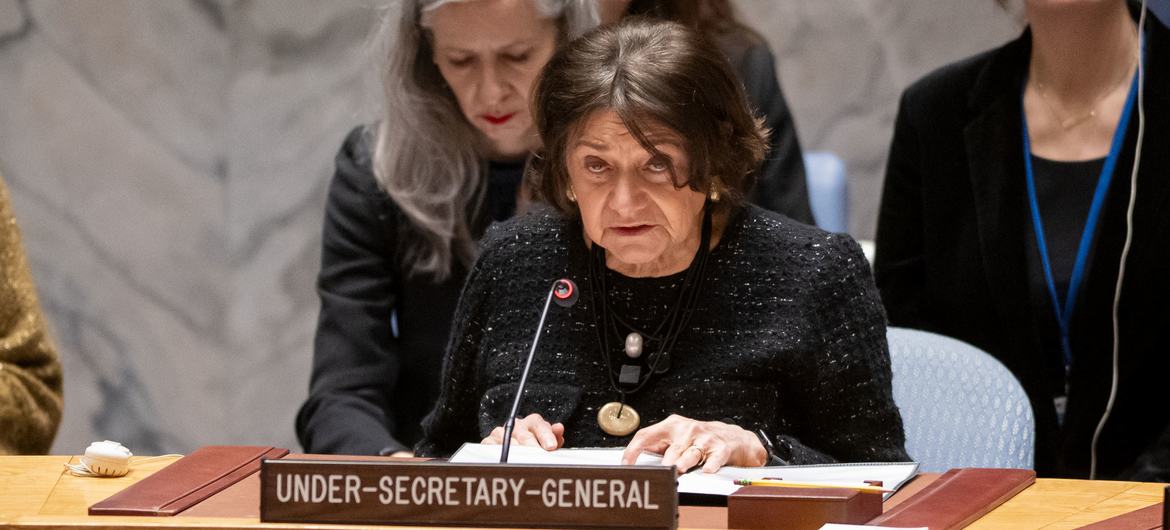 A subsecretária-Geral para Assuntos Políticos e de Consolidação da Paz, Rosemary DiCarlo, informa a reunião do Conselho de Segurança sobre a manutenção da paz e da segurança na Ucrânia