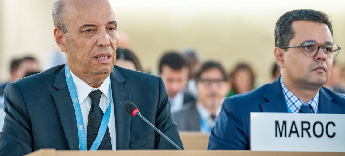 Omar Zniber (left), Permanent Representative of Morocco to the UN in Geneva, speaks during the opening of the 54th session of the Human Rights Council.