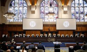 Judges hold hearings at the International Court of Justice.