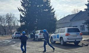 A UN convoy approaches the front-line near Chasiv Yar, in the Donetsk region of Ukraine.